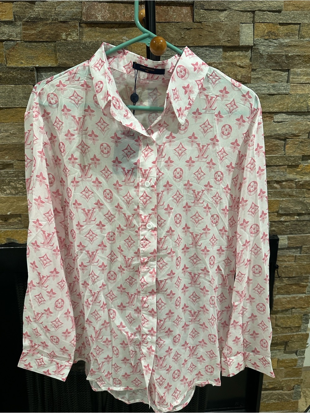 White & Pink Monogram Button-Up Shirt size L